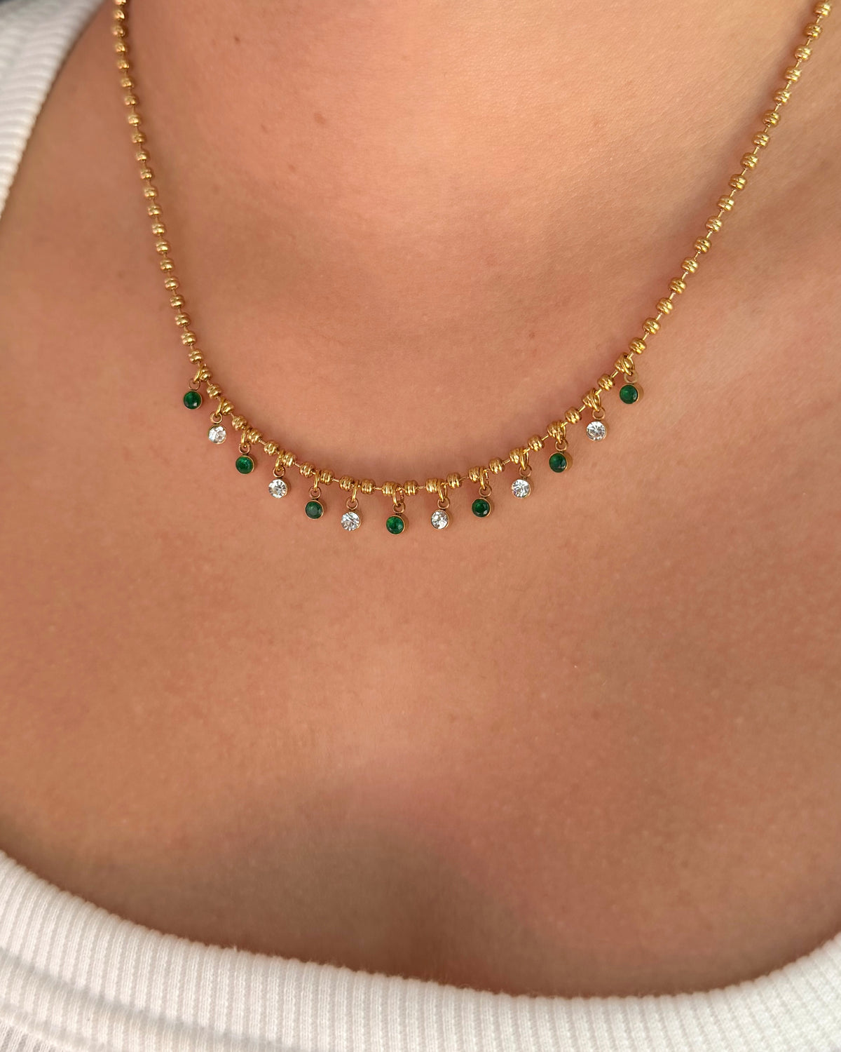 Dew Charm Necklace - Green and White
