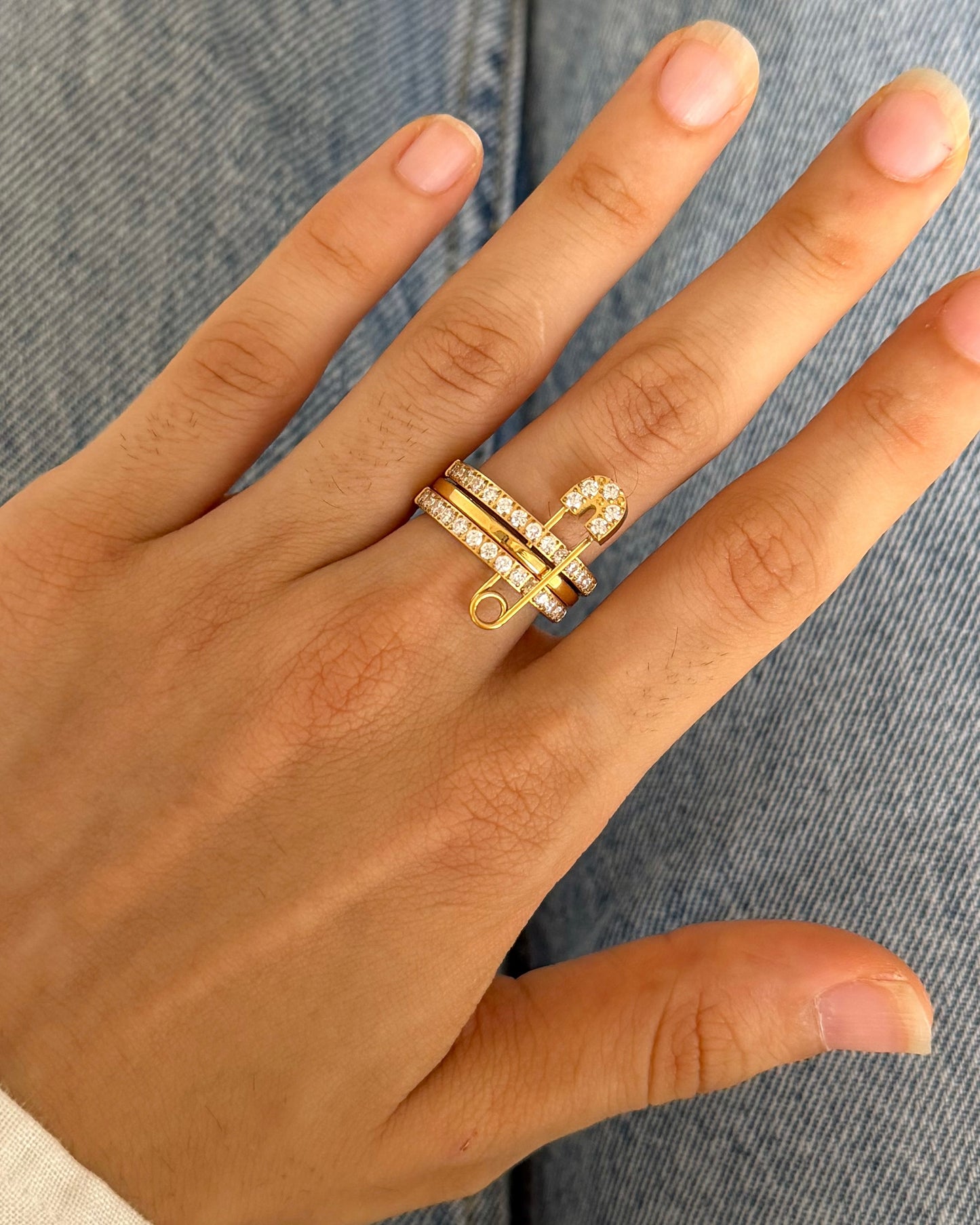 Iced Safety Pin Stacked Ring