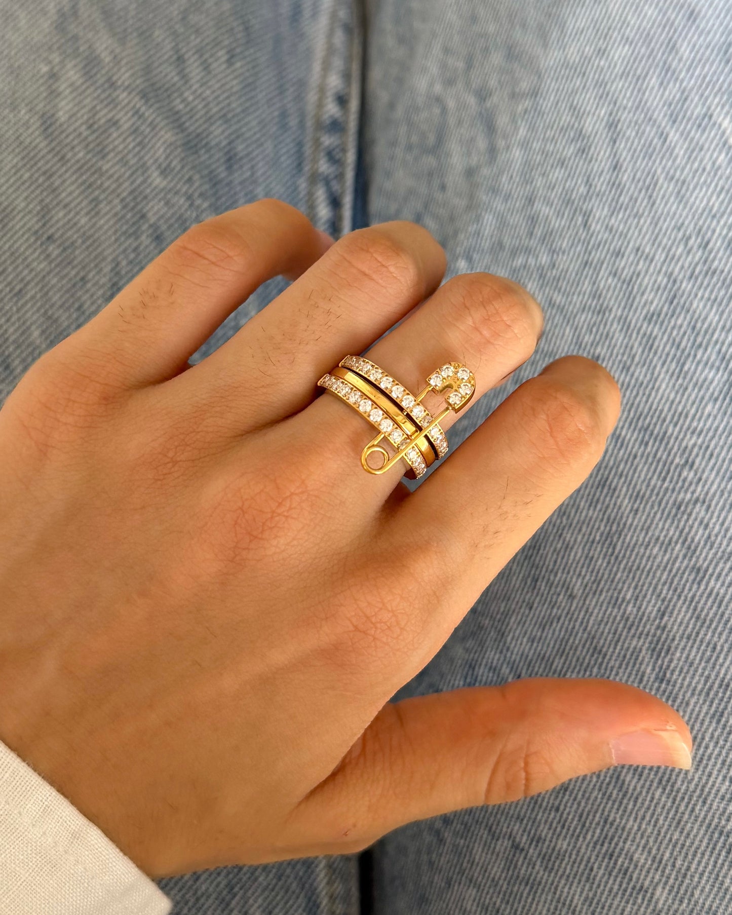 Iced Safety Pin Stacked Ring